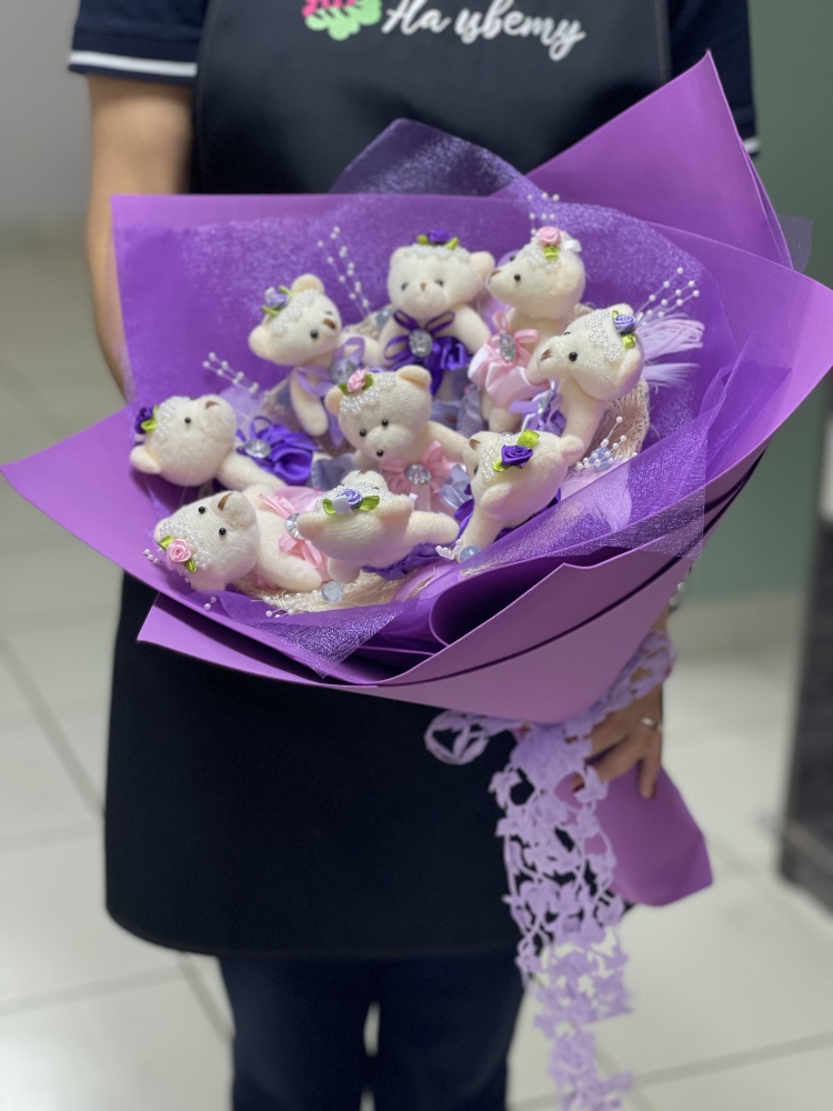 Букет из 9 мишек в розово-сиреневых тонах