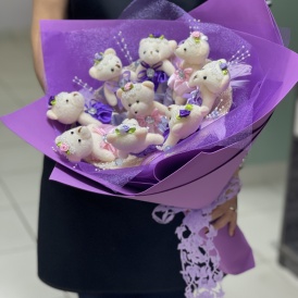 Букет из 9 мишек в розово-сиреневых тонах