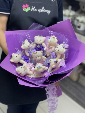 Букет из 9 мишек в розово-сиреневых тонах фото 2