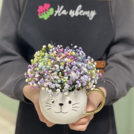 Композиция из радужной гипсофилы в кружке "Мой котик"