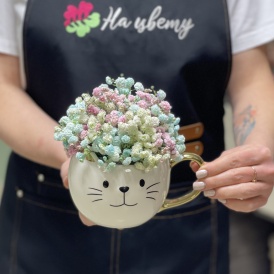 Композиция из радужной гипсофилы в кружке "Мой котик"