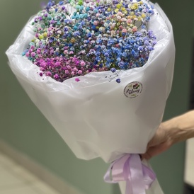 Букет из радужной гипсофилы в матовой упаковке