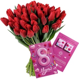 Букет из 39 красных тюльпанов + открытка "С 8 марта!"